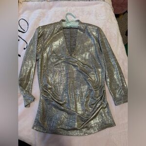 New York & Company Metallic Silver V-Neck Long Sleeve Top